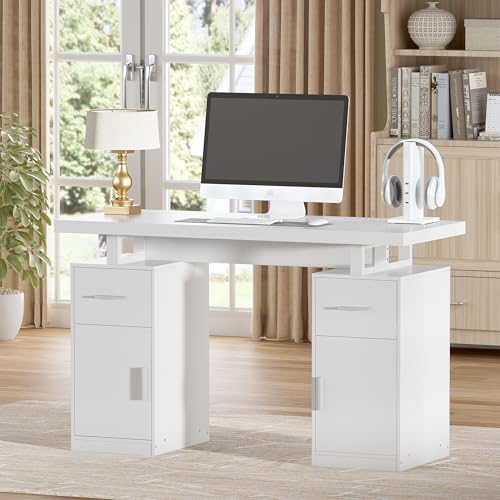 Escritorio de Ordenador 120CM Mesa de Escritura de Ordenador Mesa Oficina Pequeña y Estación Trabajo Mesa Juvenil Mesa de Ordenador con cajones y Armario para Trabajar, estudiar y Escribir, Blanco