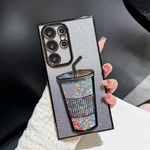 Transparent 3d Milk Tea Cup Soft Mobile Phone Case, Electroplating Gradient 3d Phone Case, Gradient Glitter Quicksand Milk Tea for Samsung S24/S23/S22 Ultra (for Samsung S22Ultra,Black)