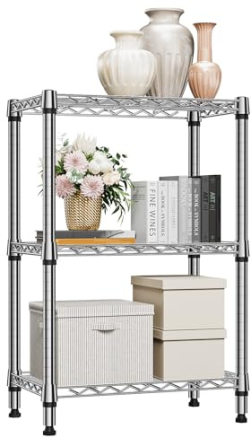 M MZG 3-stufiges Metallregal, Regal bis 340.5 kg, stabiles Aufbewahrungsregal für Küche, Keller, Abstellraum, Vorratsraum und Hobbyraum, verchromt, 35×60×90.2 cm