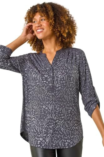 Roman Shirt for Women UK Ladies Top Collarless Blouse Stretchy Tunic Smart Casual Autumn Winter Jersey 3/4 Length Sleeve Notch V Neck Flattering Office Work Grey Silver