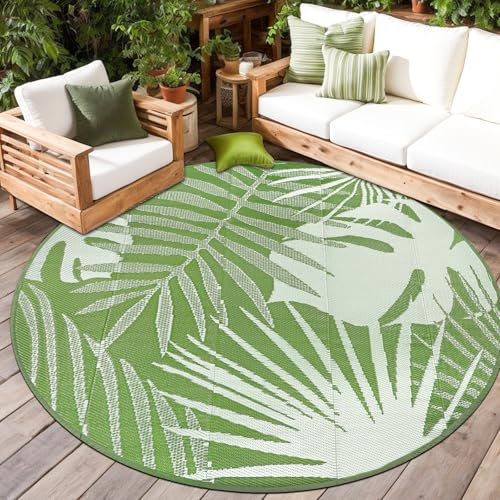 Capslpad Rund Outdoor Teppich Wetterfest ∅180cm Reversible Kunststoff Faltbar Strohmatte Wendematte Tragbarer Campingbereich Teppiche Gegend Picknick Zeltteppich Garten Hinterhof Strand, Salbeigrün