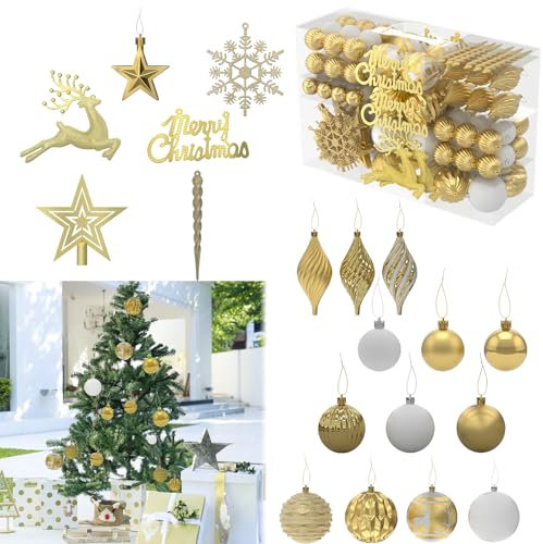 UISEBRT 108 Stück Weihnachtsbaumschmuck, Glitzerkugeln aus Kunststoff für Drinnen und Draußen, Weihnachtskugeln mit 4 Texturen, Lackiert, Matt Weiß, Matt und Glänzend, Weihnachtsbaumkugeln - Gold