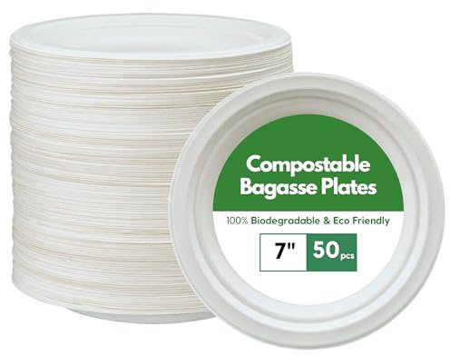 CaterCo Disposable Bagasse Paper Plates - White Eco-Friendly, Compostable, Super Rigid Tableware, Biodegradable, Sugarcane Plate, Heavy-Duty for Parties, Picnics, BBQs, Microwavable - 7 Inch, 50 Pack