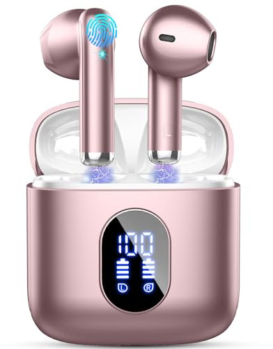 Cuffie Bluetooth 5.4, Mini Auricolari Bluetooth Stereo HiFi, 4 HD Mics Cuffie Wireless In Ear con ENC Cancellazione Rumore, Cuffie Senza Filo LED Display, IP7 Impermeabili Cuffiette Sport 30H,Oro Rosa
