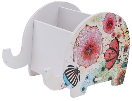 STOBOK Wooden Desk Brush Holder Brush Case Multi-functional Pen Pot Phone Stand Office Organiser Elephant Design