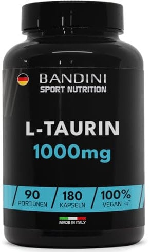 Bandini® L-Taurina Cápsulas 1000mg, 180 unidades de Taurine para 3 Meses, Suplemento Deportivo para Pre Entreno y Post Gym, Alta Biodisponibilidad, Aminoácidos para Hombres y Mujeres, Sin OGM, Vegano