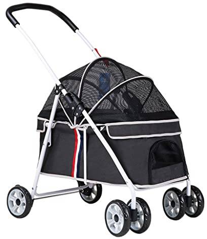 Katzenkinderwagen mit Reißverschluss für kleine, mittelgroße Hunde bis 20 kg, Haustier-Hundebuggy für kleine Hunde, Hundewagen mit verstellbarer Markise (Nero)