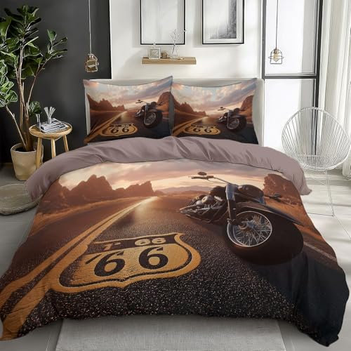 Generisch Bettwäsche Set Cooles Motorrad Route 66 Bettbezug Set 3D Tröster Bezug 3 Stücke Mikrofaser Für Kinder Teens Jungen Orange Schwarz Bedruckter Bettbezug, 135 x 200 cm