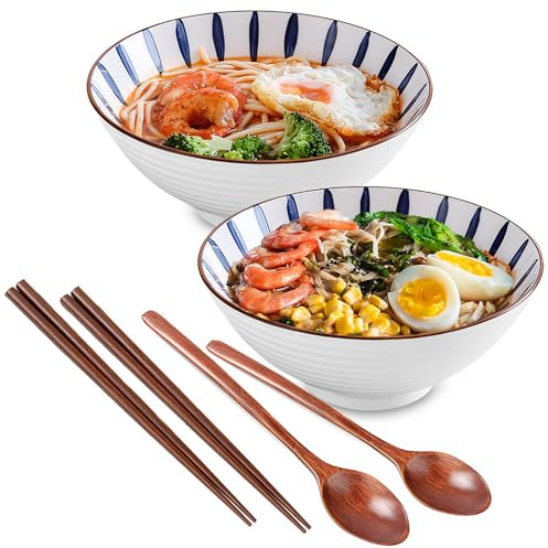 Lot de 2 Bol de Ramen en Céramique, 1200ml Bols à Soupes et à Céréales, Bol à Japonaise avec Baguettes et Cuillère, Cadeau Créatif Bols à Ramen pour Micro-Ondes,pour Salade de Fruits légumes Nouilles
