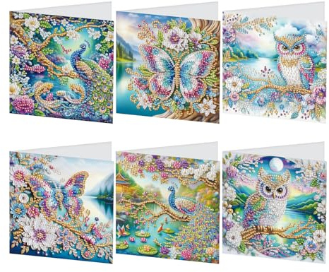 JISHSHAY 6 Pack Diamond Painting Grußkarten Pfau Diamant Painting Glückwunschkarten Schmetterling Basteln Erwachsene Geburtstagskarten Eule Crystal Art Mosaik Bastelset Erwachsene Karte Danke