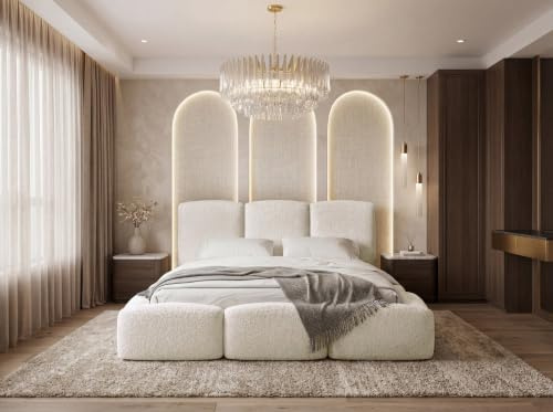 WFL GROUP Polsterbett 160x200 mit Bettkasten & Metall-Lattenrost – Stauraumbett mit hohem Kopfteil in Weiß Boucle – Modernes Doppelbett mit Stauraum, Bettgestell, ohne Matratze – Harmony