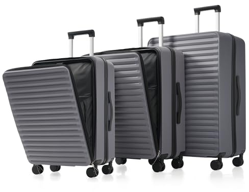 Merax Kofferset 3tlg, Hartschalenkofferset Reisekofferset, Erweiterbar Trolley Koffer mit Frontöffnung, TSA Schloss, 4 360°-Rollen, Teleskopgriff, klappbarer Becherhalter, ABS-Hartschale, Antikgrau