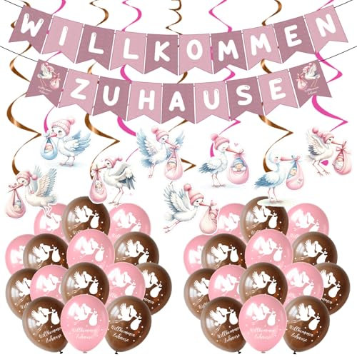 Afritee Willkommen Zuhause Baby - 40Stück Welcome Home Baby Rosa, 8 Storch Geburt Für Draussen, 2 Vormontiert Herzlich Girlande Banner 30 Ballons für Mädchen Babyshower Empfang Taufe Party Deko