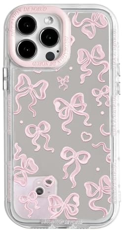 NITITOP for iPhone 13 Pro Max Case Cute Mirror Bow,Light Pink | for Women Girls, Aesthetic Love Heart and Bowknot Pattern, Glossy Ribbon Design, Hard PC Back Cover, Full Camera Protection