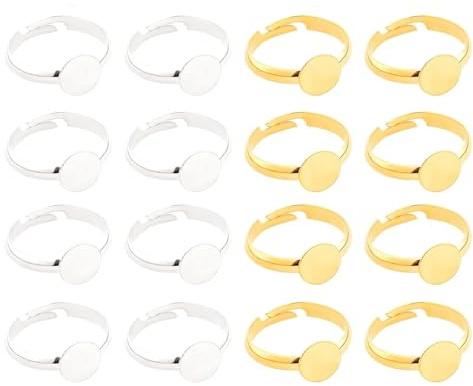 16pcs 12mm Ringrohling Basen Edelstahl Cabochon Ring Lünette Rohlinge Fingerringe Verstellbar Cabochon Fingerring Komponenten Flache Runde Pad Ring Basis für DIY Schmuck Machen, Gold, Silber