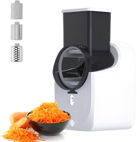 Electric Cheese & Vegetable Shredder Salad Processor, Automatic 3-in-1 Rotary Fruit Grater, Equipped with 3 Interchangeable Blades of Various Shapes for Cheese, Cucumber, and Carrot Slicing, White