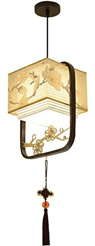 PVYGDXYI Vintage Hängeleuchte aus Metall mit Lampenschirm aus bedrucktem Stoff, höhenverstellbar, Pompon mit chinesischer Schleife, Deckenlampe für Kücheninsel, Esszimmer, Schlafzimmer 1