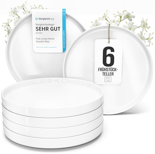 Porzellan Frühstücksteller 6 Personen Crystal TESTSIEGER, Cooles klares Porzellan Dessertteller Set, Kleine Teller, Salatteller - Pure Living in weiß