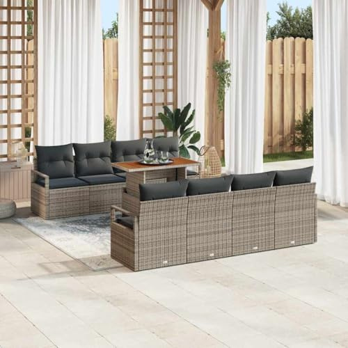 Holamys Garten-Sofa-Set 9-teilig Grau aus Poly Rattan, mit Stauraum, 8-Sitzer, für Terrasse & Outdoor-Bereich, modulare Lounge-Sitzgruppe, inkl. Gartentisch & Stühlen