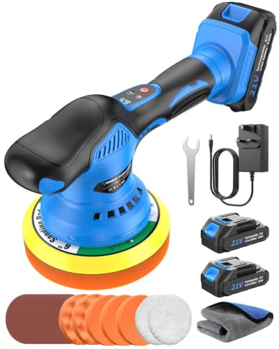 Cordless Car Polisher, 9mm Orbital, 2*21V 2.0Ah Battery for Car Detailing | Cordless Car Buffer 6-inch Plates, 8 Variable Speeds (MAX 6000RPM), Lightweight Polishing Machine for Car Polishing/Waxing