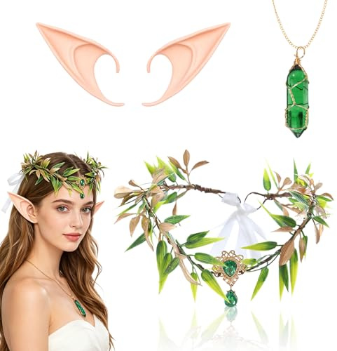 GYIOFAI 3 Stücke Waldelfee Kopfschmuck Elfen Blätterkrone für Faschingskostüme, Elfenkrone Schmuck, Elfenohren, Waldfee Kopfschmuck Feenblätter Krone Stirnband für Hochzeit Karneval Halloween (Grün)