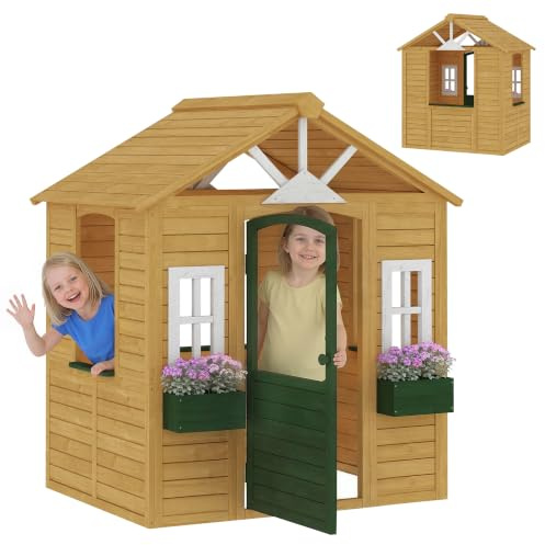 AIYAPLAY Wooden Playhouse Wendy House with Working Door Ages 3–8 Brown | for Kids Outdoor, 3 Windows, 2 Flower Boxes for Garden, Indoor Playroom, Imaginative Play