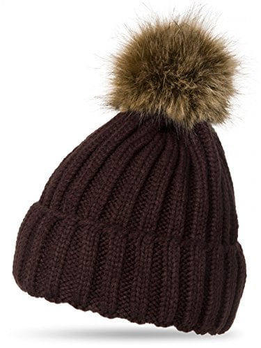 Caspar MU054 Damen Winter Strickmütze mit großem Fellbommel, Farbe:Dunkelbraun