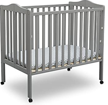 Delta Children Folding Portable Mini Baby Crib with 1.5-inch Mattress - Greenguard Gold Certified, Grey