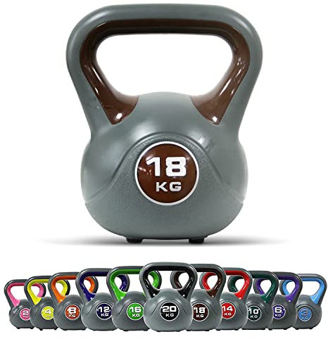 Kettlebell Kunststoff 2-20 kg inkl. Workout I Kugelhantel in versch. Farben und Gewichten I Bodenschonende Schwunghantel (18 kg - Braun)