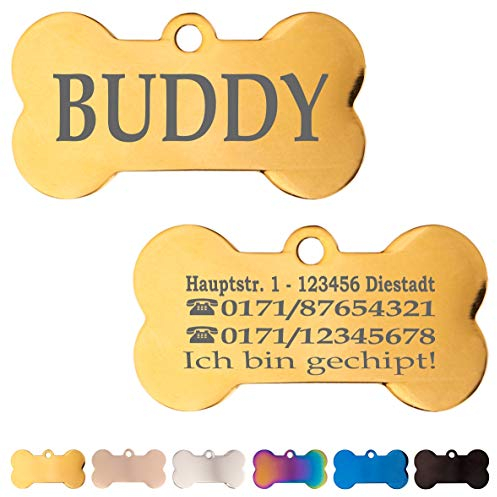 Ibera gifts - Hundemarke mit Gravur und personalisierte Hundemarke in Knochenform für mittelgroße bis große Haustiere (Gold)