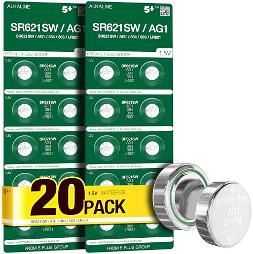 5Plus Group 20 Pcs SR621SW AG1 364 363 LR621 LR60 1.55V Button Cell Watch Batteries