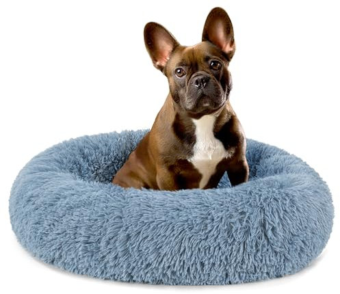 PetAmi Hundebett für kleine Hunde, rundes Donut-Welpenbett, beruhigendes Katzenbett, Kunstfell-Hundekissen, waschbares Haustierbett, weiches Kissen für mittelgroße Hunde, staubiges Blau 58.4 cm