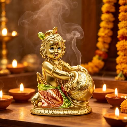 BangBangDa Hindu-Gott Baby Krishna Statue Krishna Idol Murti Pooja Artikel | Krishna Murti aus Kunstharz, 19,1 cm hoch, für Zuhause, Tempel, Mandir, Altar, Puja, Yoga-Raum, Regal, spirituelle Dekoration
