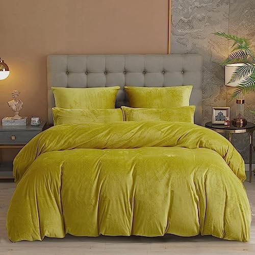 Damier Warme Winter Bettwäsche 135x200cm Gold Gelb Cashmere Touch Plüsch Bettwäsche Set 2 Teilig - 1 Bettbezug 135 x 200 cm mit Reißverschluss und Kopfkissenbezug 80 x 80 cm