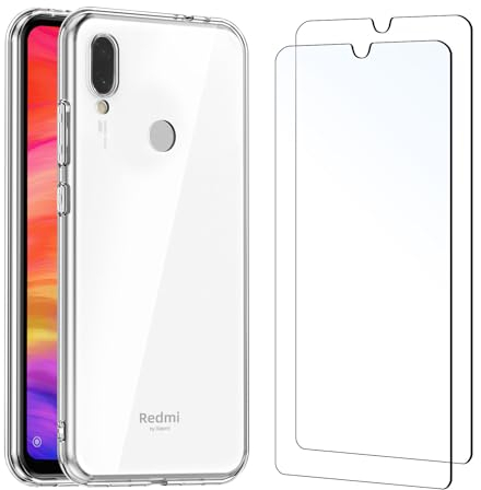 NEW'C Funda para Xiaomi Redmi Note 7 Carcasa Silicona Transparente Alta y 2X Protector de Pantalla para Xiaomi Redmi Note 7 Cristal Templado - Antiarañazos