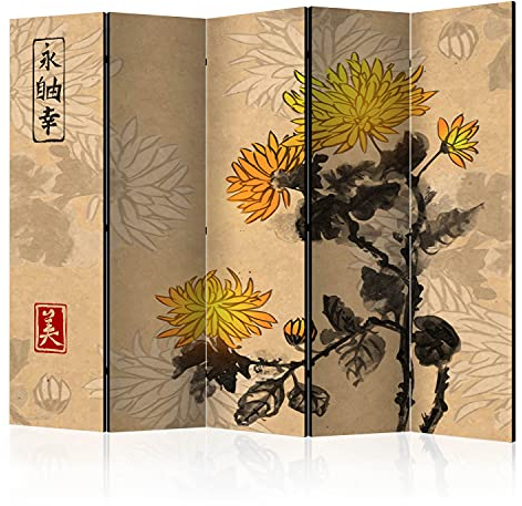 murando Akusticher Raumteiler japanische Blumen Foto Paravent 225x172 cm beidseitig auf Vlies-Leinwand bedruckt Trennwand Spanische Wand Sichtschutz Raumtrenner Natur gelbe Chrysantheme p-B-0050-z-c