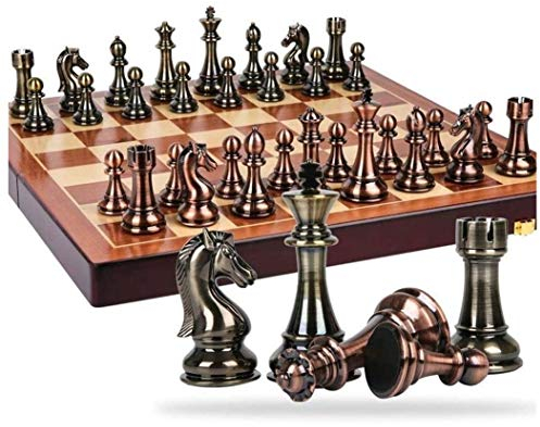 HMTE Classic Game Collection Schachspiel aus Metall mit Holzbrett und Aufbewahrung, zusammenklappbares Schachbrett aus Massivholz – 4,3 Zoll König