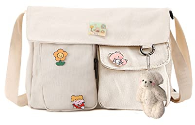 Canvas Crossbody Tasche mit Kawaii Pins und Anhänger für Frauen Mädchen Casual Schulter Messenger Bag Studenten Schultasche, Anhänger C02 beige Bär