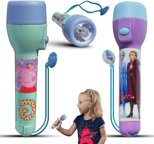 2 grandes torches LED, 16 cm, veilleuses LED super lumineuses pour Noël, cadeaux d'anniversaire – Lampe de poche en plastique pour enfants de 3 ans et plus (Peppa et La Reine des neiges)