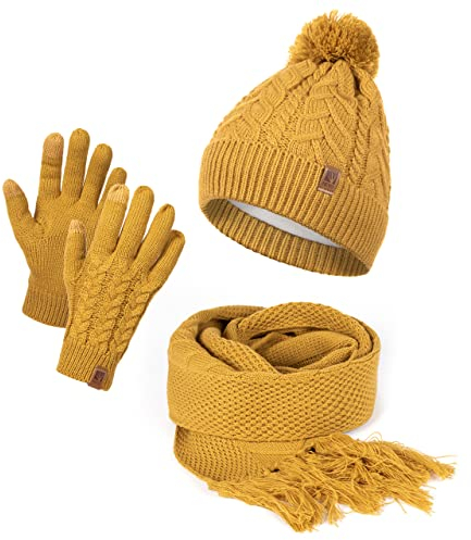 HEYO Damen Mütze Schal Winter Set | Gefütterte Strickmütze mit Bommel | Winterschal mit Fransen | Touchscreen Handschuhe (Senfgelb)