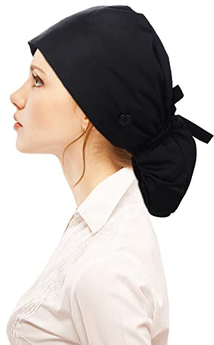 Gorro Quirofano Mujer de Algodón Negro de Enfermera Gorros Quirofano de Trabajo Ajustable con Botón Banda para el Sudor Gorro Medica de Bolsillo con Cola de Caballo Gorro Cocina con Cordones Mujer