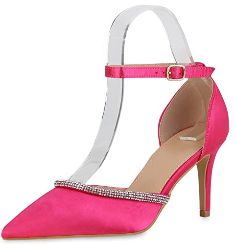VAN HILL Damen Spitze Pumps Schuhe Stiletto Party Absatzschuhe Strass Satinoptik Partyschuhe Stoff Abendschuhe 210090 Fuchsia 37