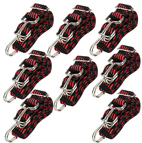 ZEONHEI 8 Pack 1m Bungee Cords with Hooks, Flat Bungee Straps, Adjustable Bungee Cords for Bicycle Car Camping Luggage Roof Racks Fixings, 3cm Wide