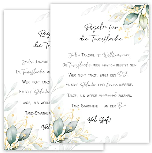 2x Tanzflächen Regeln für die Tanzfläche A4 stablie Poster 400 g/m² Dance Floor Rules Schild Feier Geburtstag Hochzeit Party Spaß Deko Hochzeitsdeko Grün Weiß Gold Blätter Vintage 30 40 50 60 70 80 90