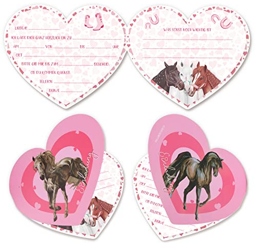 12 Pferd Mini Einladungskarten zum Kindergeburtstag 9,5 x 8 cm Herz Pferde Geburtstag Party Einladung für Mädchen und Jungen Geburtstagseinladungen Kinder Geburtstagsfeier Kinderparty Pferdeparty