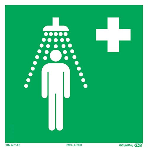 Adesivo doccia di emergenza, 150 x 150 mm, segnale di salvataggio per doccia di emergenza, conforme allo standard ISO7010 e DIN 67510, luminoso e autoadesivo