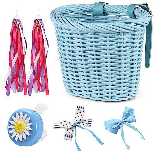 Lixada Fahrradkorb Kinder, Fahrradkorb Geflochten Vorne, Abnehmbar Kinderfahrradkorb mit Luftschlangen Fahrradklingel Aufkleber, Fahrradzubehör für Junge und Mädchen