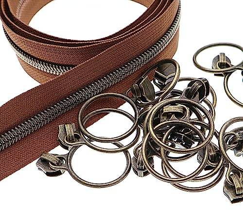 Leekayer #5 Metall-Reißverschlüsse aus Nylon in Antik-Optik pro Yard lose 10 Yard (braunes Band mit 25 Messingschiebern für DIY Nähen Tasche Handwerk (Braun)