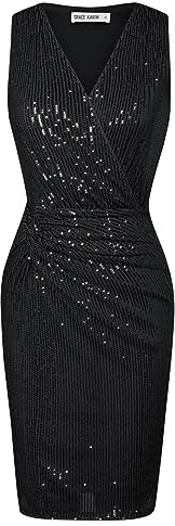 Damen Glänzendes Pailletten Abendkleid Sexy Elegant Ärmelloses V-Ausschnitt Solid Farbe Bodycon Glitzerkleid Schwarz-Pailletten S