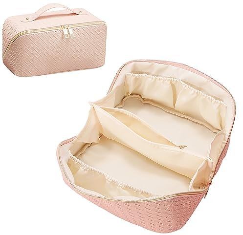 Make Up Tasche Damen Groß Cosmetic Bag Reise Kosmetiktasche Schminktasche Organizer Kosmetiktasche Travel Wasserdichter Lede-Organizer(Rosa)